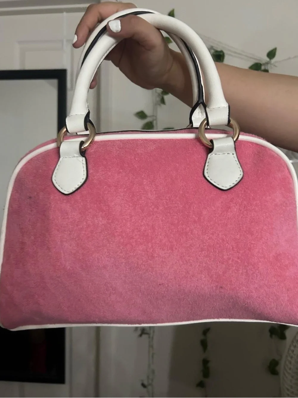 Juicy Couture Pink Velvet Dome Satchel with White Trim